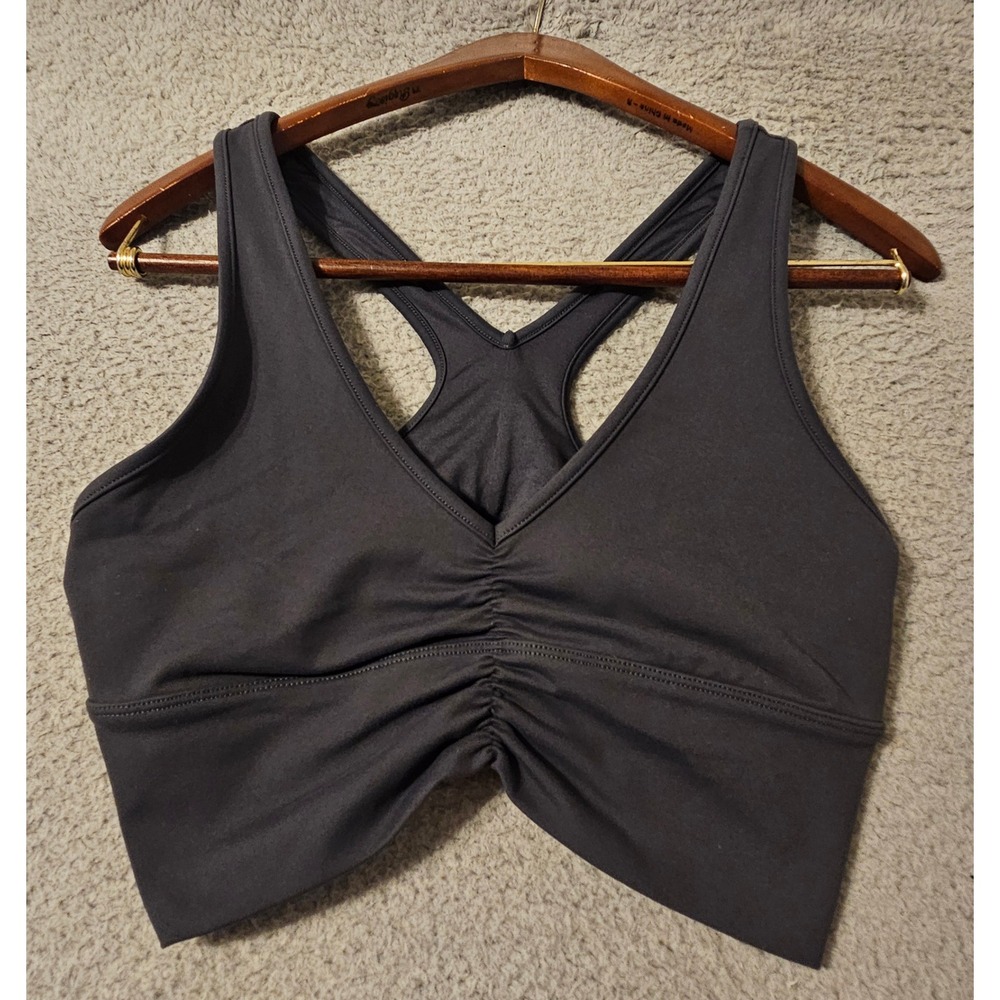 Alo Yoga Wild Thing Bra Gray Ruched V-Neck Longline Sports Bra Womens Size Med